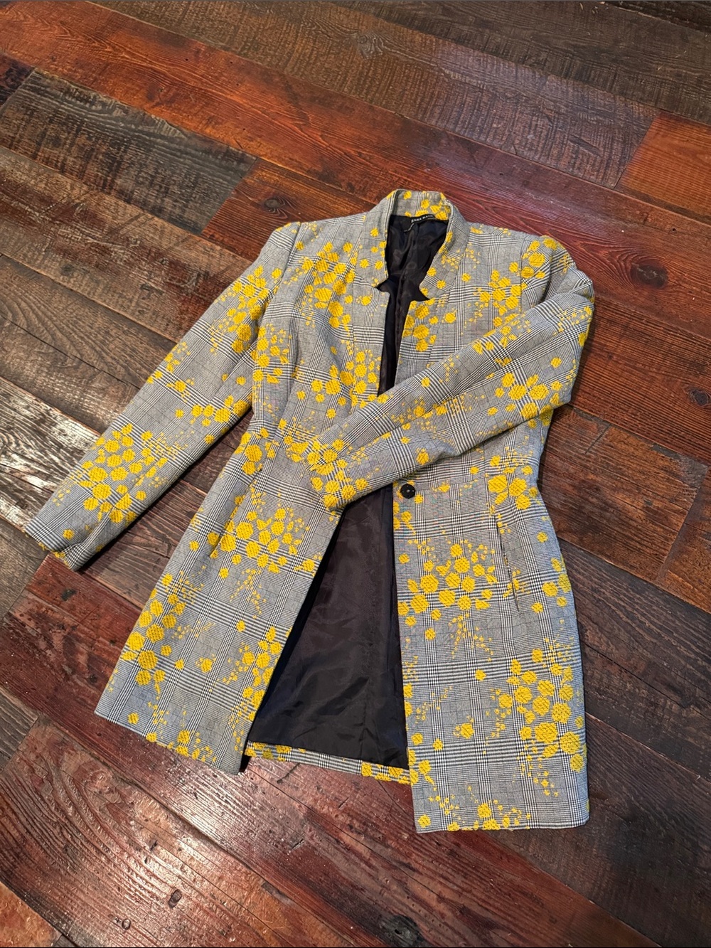 Zara Gray Plaid Blazer Coat with Yellow Floral Accents